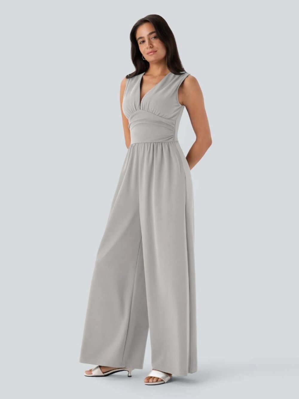 Halara XL Dawn Blue V-Neck Sleeveless Ruched Pocket Jumpsuit Easy Peezy 50% off